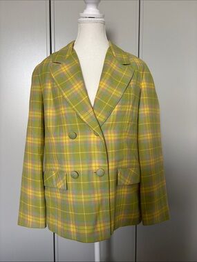 Vintage Sabre Slims Double-Breasted Plaid Wool Blazer in Yellow-Green